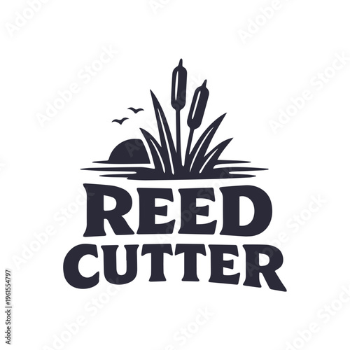 Reed Cutter Logo Design With Cattails Sun And Birds In Silhouette