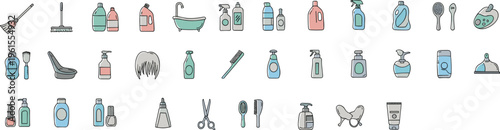 Beauty and Personal Care Icons Set with Cosmetics Hair Tools Bottles Hygiene Products Flat Vector Illustration
