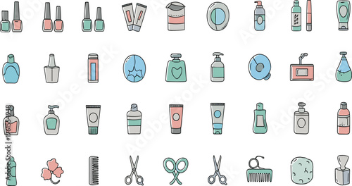 Beauty and Personal Care Products Set with Cosmetics, Bottles, Scissors, Comb and Skincare Items Vector Illustration
