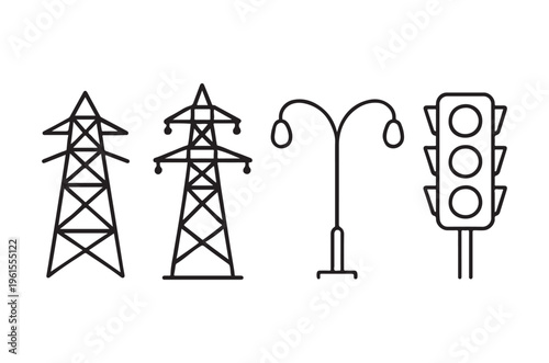 Line art illustration of power lines a lamp and traffic signals