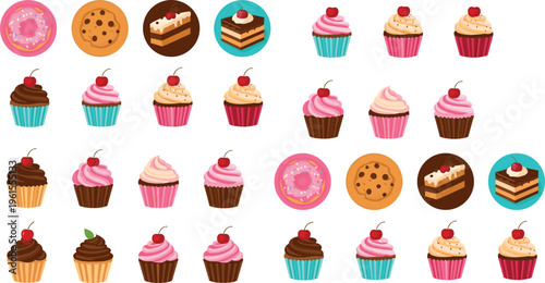 Cupcake and dessert vector set with donuts, cookies and cakes, sweet bakery collection isolated on white background illustration