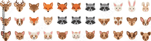 Cute animal face vector set featuring deer fox raccoon rabbit dog cat and woodland wildlife characters for cartoon design