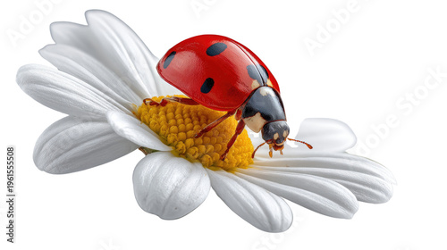 Ladybug on a Daisy: A vibrant ladybug with a striking red shell, gracefully perches upon the delicate petals of a pristine white daisy, creating a charming scene of nature's beauty.