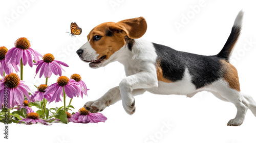 Playful Hound Chasing Butterfly: A lively hound dog bounds through a vibrant flower garden, its ears flapping in the wind, captivated by a fluttering butterfly.
