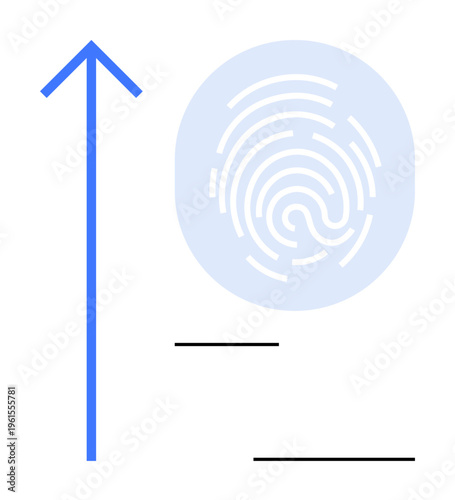 Digital transformation, security, identity verification, technology progress, user authentication, modern innovation. A fingerprint and arrow pointing upward. Security and digital transformation
