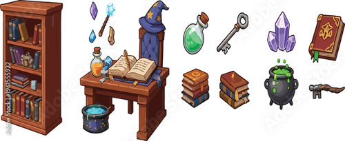 Fantasy wizard workspace vector set with magic desk, spell books, potions and crystals, cartoon RPG element collection isolated on white background illustration