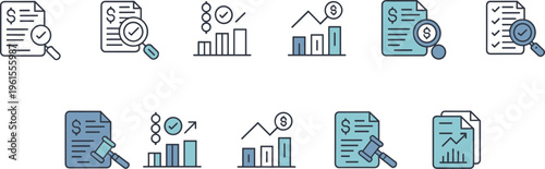 Financial audit and analysis icons set, report verification symbols, business growth charts, tax documents, accounting vector collection