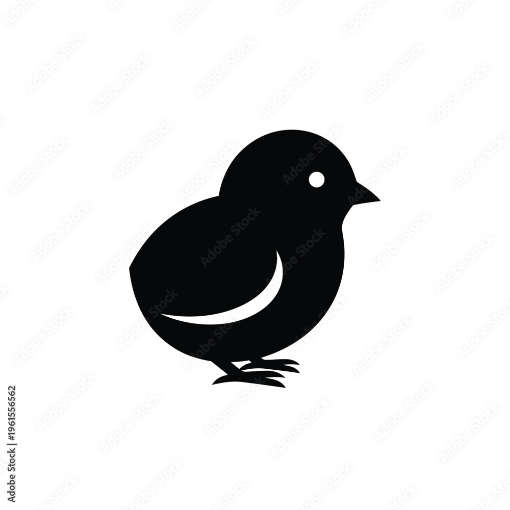 Fototapeta premium Simple black silhouette icon representing a cute, stylized baby chick standing isolated on white.
