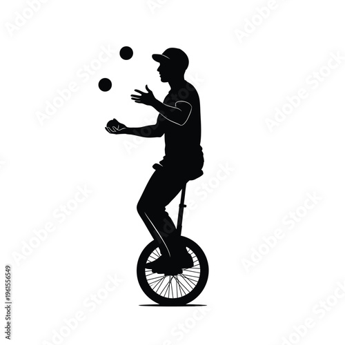 Creative silhouette of a man juggling three balls and balancing on a unicycle.