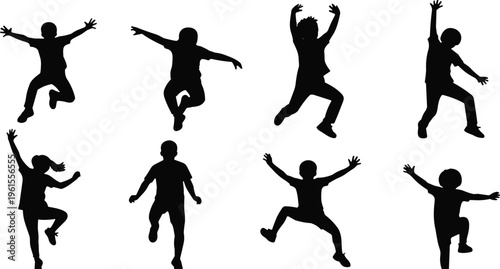 Kids jumping silhouettes vector set featuring active children in dynamic poses for спорт fitness play and childhood activity design