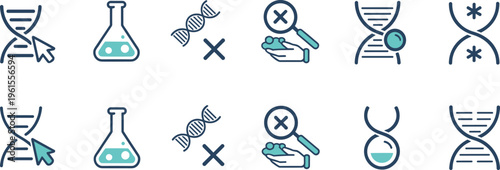 Genetics research icon set, DNA symbols collection, biotechnology laboratory elements, genome editing concepts, science vector icons isolated illustration