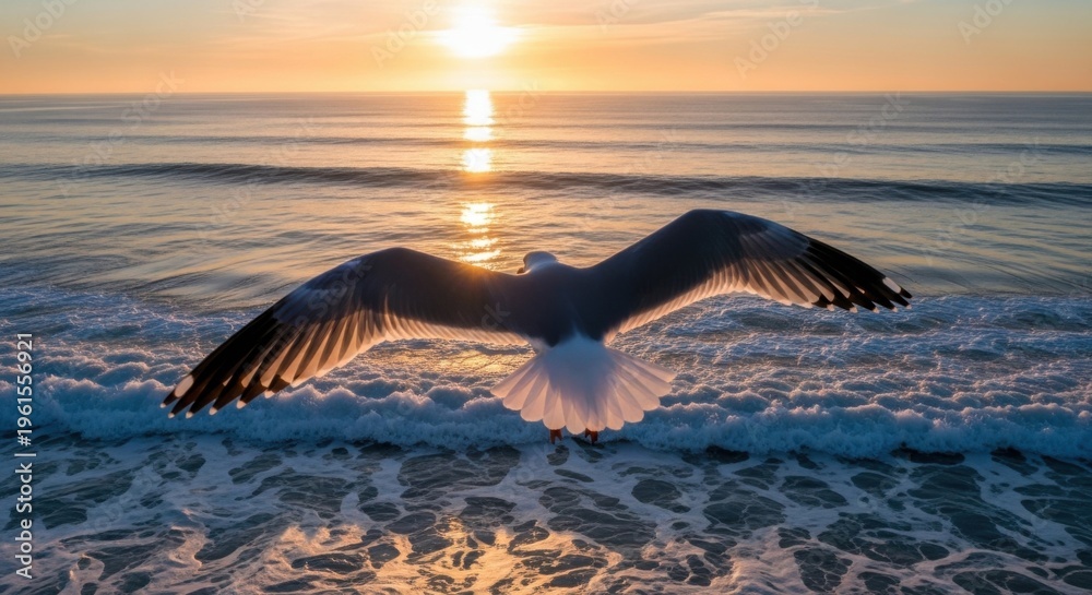 Naklejka premium Seagull flying over ocean waves toward golden sunset horizon