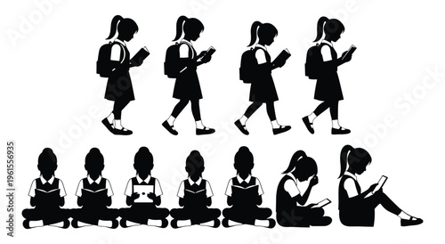 Diverse group of female students reading books and using tablets