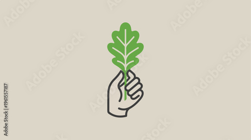 Hand holding a green leaf, representing nature and environment.