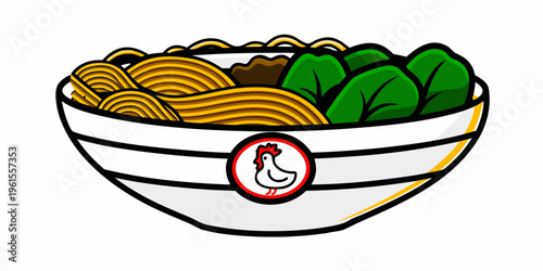 Cartoon illustration of ramen in a white bowl with a chicken logo