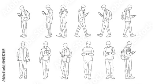 Line art of young men reading books and using electronic devices