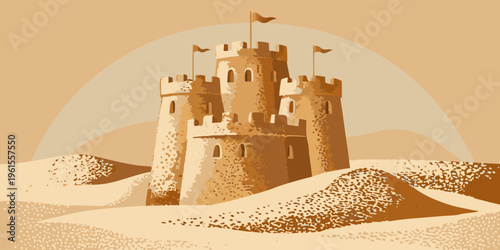 A stylized illustration of a sandcastle with flags on a dune