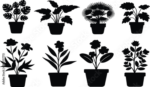 Potted houseplant silhouette vector set featuring indoor decorative plants flowers and foliage in black minimal style for home design