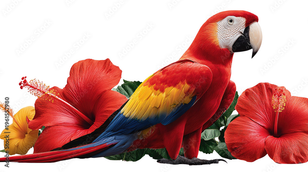 Obraz premium Scarlet Macaw and Tropical Hibiscus: A vibrant Scarlet Macaw, a majestic bird with vivid plumage, perches near blooming hibiscus flowers, creating a tropical paradise.