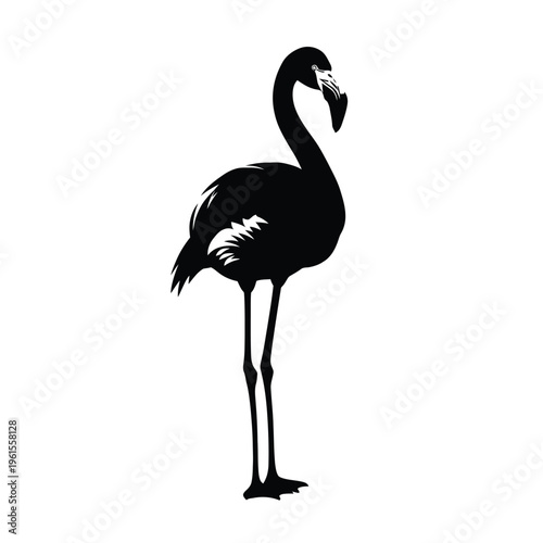Striking black silhouette graphic of a flamingo standing gracefully on its long thin legs