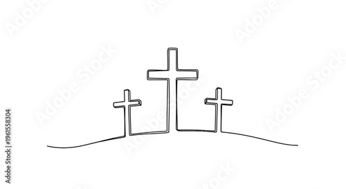 Continuous line drawing of three christian crosses on calvary hill minimalist religious concept