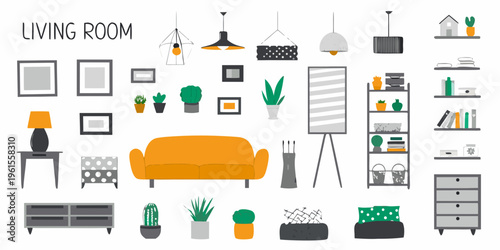 A colorful collection of illustrated living room furniture and decor elements