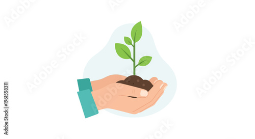 Hand Holding Small Plant for Arbor Day Eco Friendly Concept Flat Design Illustration