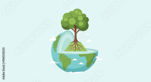 Earth with Growing Tree Arbor Day Environmental Protection Flat Design Illustration