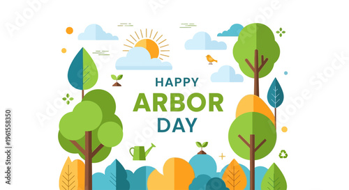 Happy Arbor Day Typography Poster with Trees and Nature Elements Flat Design