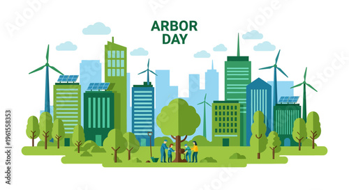 Eco Friendly Green City with Trees for Arbor Day Sustainability Flat Design Illustration