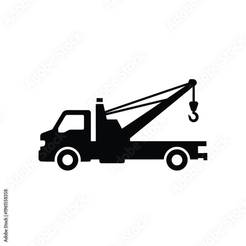 Black silhouette icon of a tow truck with a crane and hook, isolated on white.