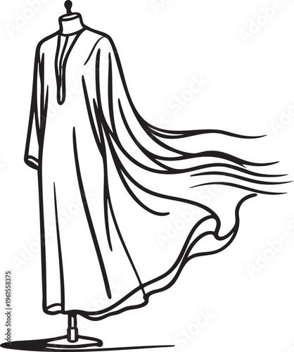 Flowing abaya gown on a mannequin, continuous one-line drawing, minimalist outline illustration, modest fashion boutique in one line art style vector.