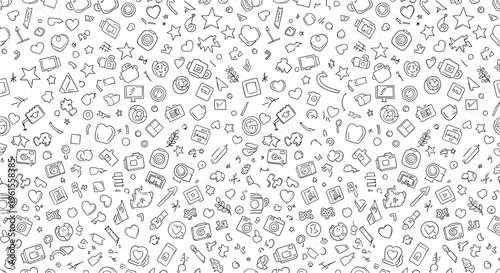 Seamless doodle pattern vector background featuring hand drawn icons hearts stars gadgets and everyday objects in black outline style
