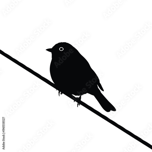Simple silhouette of a small round bird perched firmly upon a diagonal wire