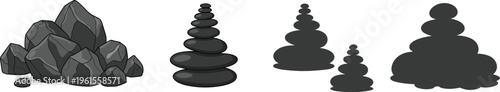 Stacked stone balance and rock pile vector set featuring zen spa stones cairn formations and natural rock elements for wellness design