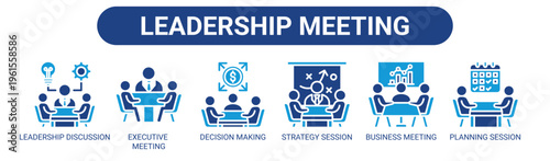Leadership Meeting web banner icon vector illustration concept with icons of leadership discussion, executive meeting, decision making, strategy session, business meeting, and planning session.