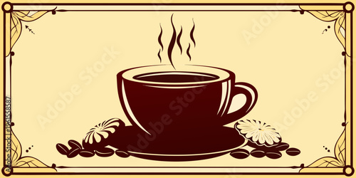 A stylized illustration of a dark cup of coffee with beans