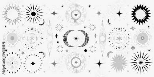 Celestial patterns and suns in a monochromatic artistic arrangement