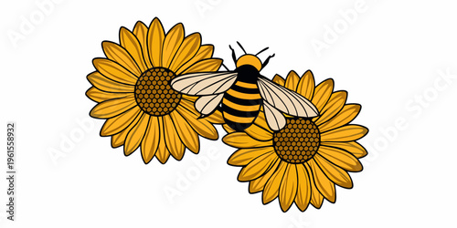 A detailed illustration of a bee hovering near two bright sunflowers