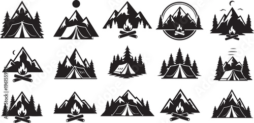 Mountain and camping icons in black and white style