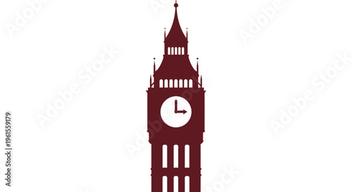 Stylized maroon silhouette of the iconic Big Ben clock tower against a white background