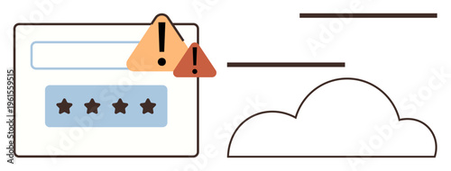 Data security, cloud technology, cyber threats, login authentication, online protection, error alert. Warning icons near password entry form and a cloud outline. Data security and cloud technology