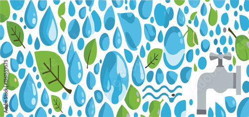 Water drops pattern with leaves and faucet vector illustration featuring eco friendly background for conservation and sustainability design