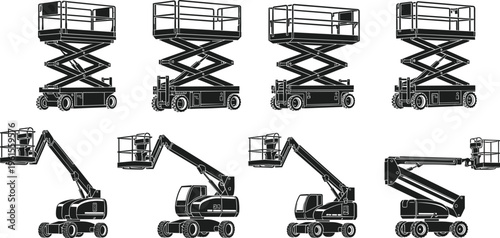 Scissor lift and boom lift vector silhouette set featuring industrial aerial work platforms for construction maintenance and heavy equipment rental services on white background.