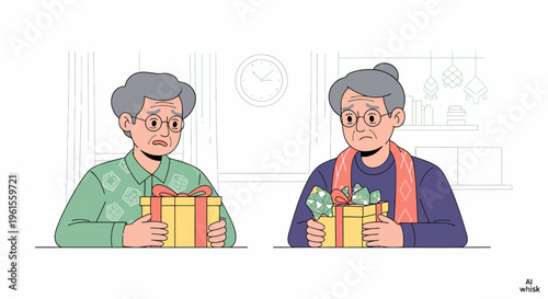 Grandparents Holding Gift Boxes in Warm Celebration.