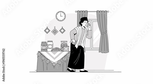 Man Bowing Indoors Beside Table In Traditional Attire.