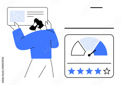 User experience concept. User reviews and feedback are with a rating system and performance meter. User experience ensures improved product ratings and functionality. Suitable for customer