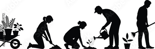 Gardening activity silhouette illustration, wheelbarrow plants digging planting watering raking, teamwork garden process, horticulture lifestyle drawing, outdoor cultivation design