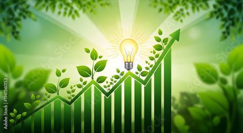 Growing green energy concept with light bulb and leaves on graph