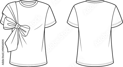 Stylish short sleeve t-shirt sketch with decorative bow shoulder detail, fashion design illustration front and back view garment drawing
